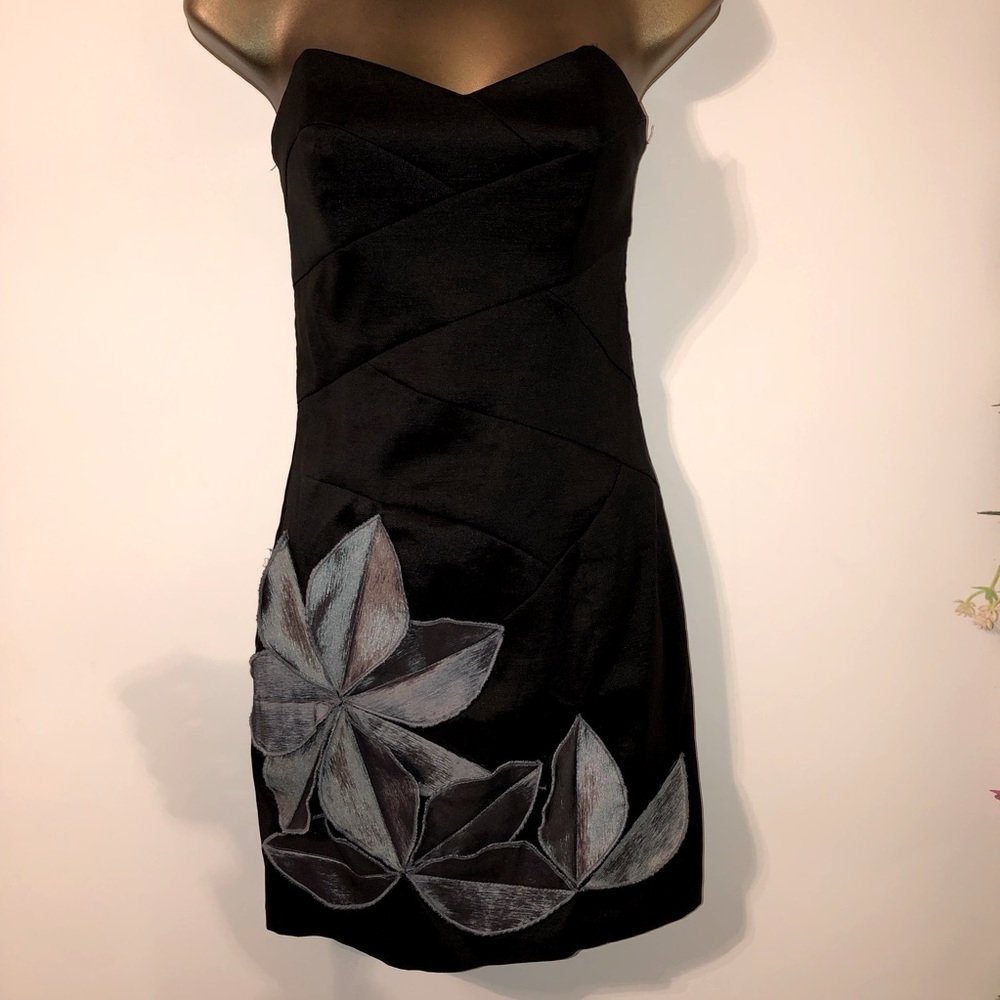 Jessica McClintock vintage black strapless mini dress gray floral accent